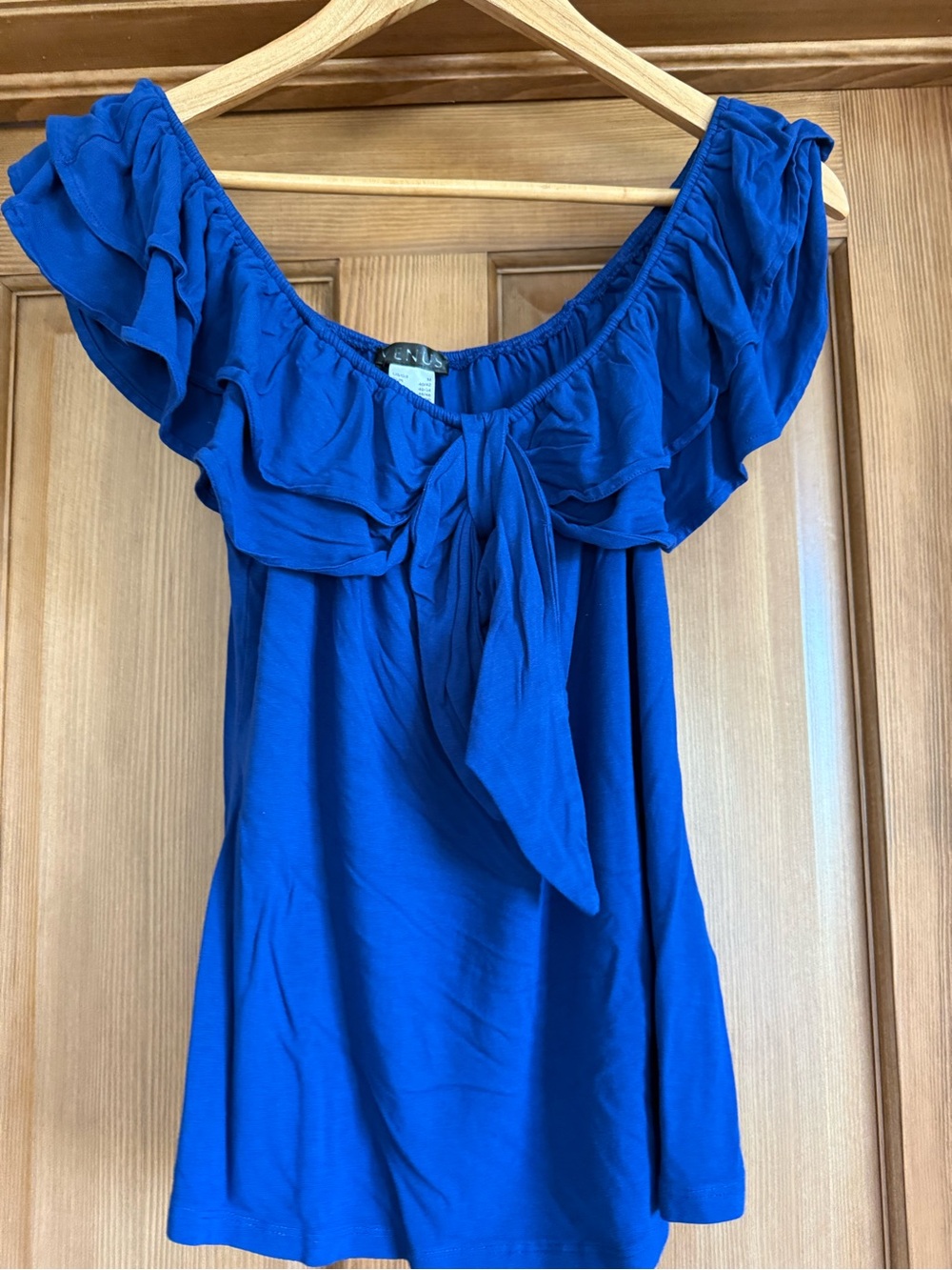 VENUS Cobalt Blue Ruffle Off-Shoulder Tie-Front Tank
